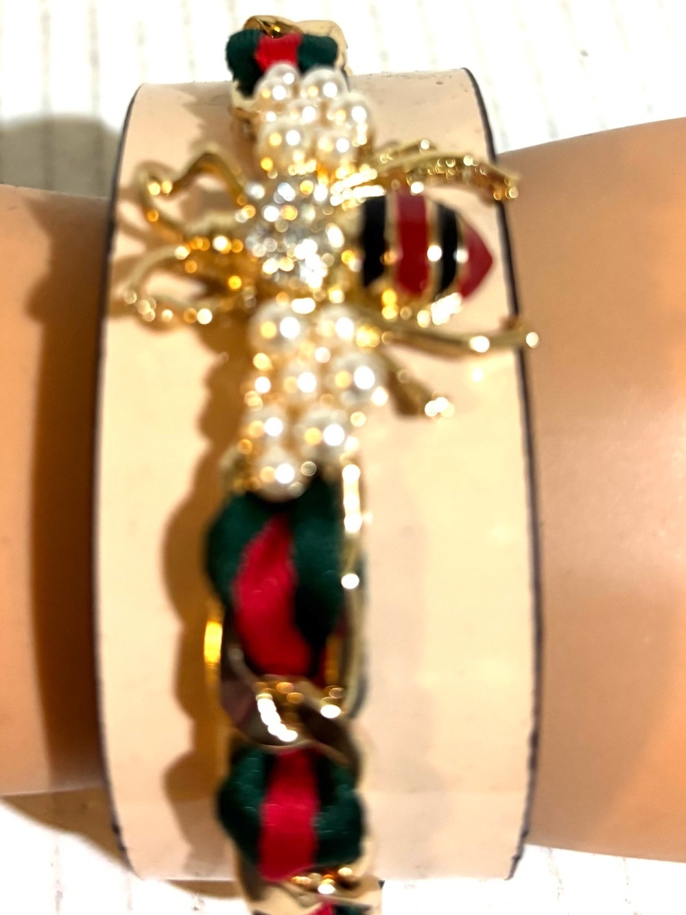 Gold Bee Bracelet with Green and Red Ribbon and Pearl Accents